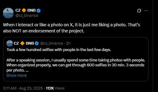 Binance’in kurucusu Changpeng Zhao uyardı: selfie ayrıntısı 2 CZ'nin X'teki Paylaşımı