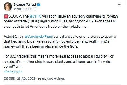Binance’e müjde: yabancı kripto para borsalarına ABD kapısı aralanıyor 2 Eleanour Terrett'in x'teki paylaşımı