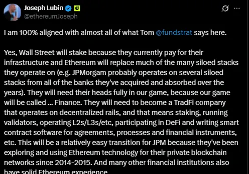 Lubin’den iddialı Ethereum vizyonu: 100x ve BTC’yi aşma hedefi 2 Joseph Lubin'in Ethereum paylaşımı