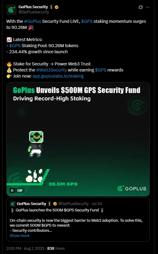 Kullanıcılar akın etti: popüler altcoin projesinde staking tavan yaptı 2 GoPlus'ın X'teki Duyurusu