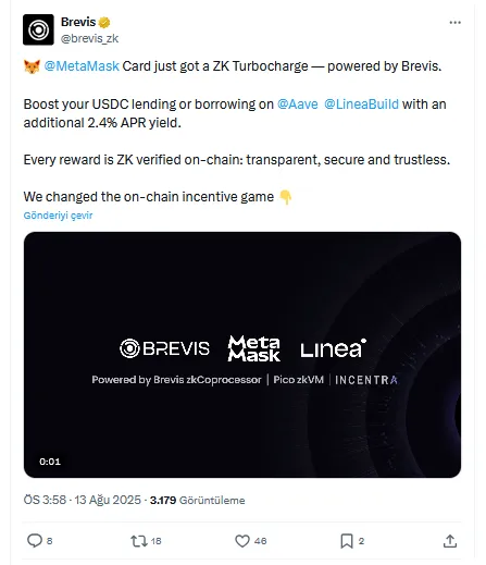 MetaMask, Linea ve Brevis’ten ZK kanıtlı ödül programı 2 Brevis'in X'teki Metamask duyurusu