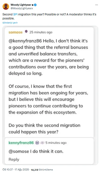 İkinci mainnet göçü iddiası: Pi Network’te yeni dönem mi başlıyor? 2 Woody Lightyear'ın X'teki paylaşımı