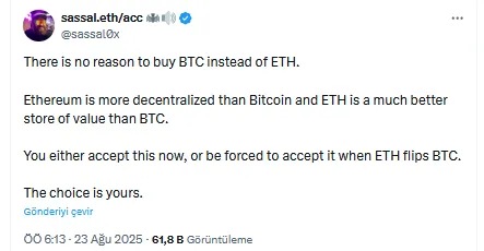 Ethereum yeni zirvesine koştu: Bitcoin için topluluktan şaşırtan ifadeler 2 Sassano'nun Bitcoin ve Ethereum Paylaşımı