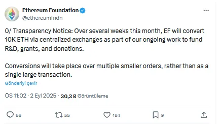 Ethereum Vakfı açıkladı: ETH satacak 2 Ethereum Vakfı'nın ETH satışı duyurusu