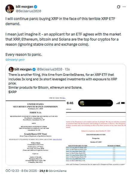 Uzman Uyardı: yeni 3x XRP ETF'i "panik alımları" başlatabilir! Fiyat yükselecek mi? 2 Bill Morgan'ın X'teki XRP Açıklaması