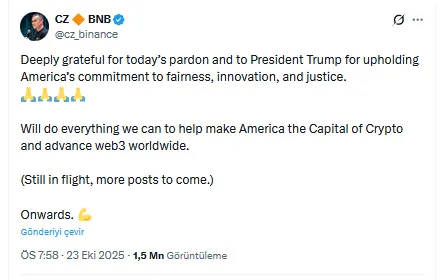 Donald Trump'tan Changpeng Zhao'ya Tam Af: Kripto Dünyasına Siyasi Mesaj 2 CZ'nin X'teki Açıklaması