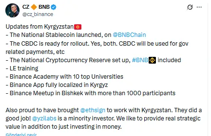 Kırgızistan'dan Orta Asya'yı sarsacak kripto para kararı: BNB ulusal rezerve eklendi 2 CZ'nin X Paylaşımı