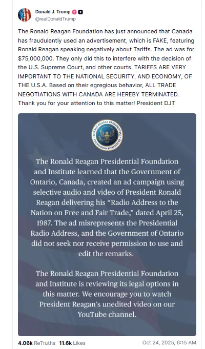 Kripto paraları alarma geçirecek gelişme: Donald Trump Kanada ile tüm ticaret görüşmelerini askıya aldı 2 Donald Trump'ın X Paylaşımı