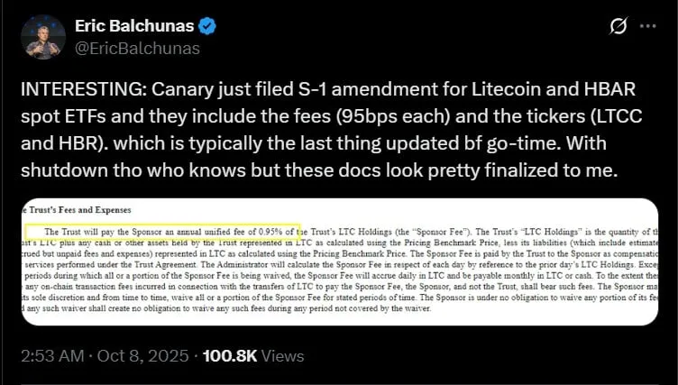 Onay kapısı kilitli: Litecoin ve Hedera ETF’leri beklemede 2 Eric Balchunas Litecoin ve HBAR ETF Açıklaması