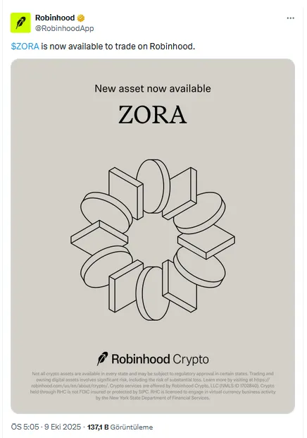 Zora Robinhood’da parladı: Pump.fun’a kurumsal meydan okuma 2 Robinhood Zora Listelemesi Duyurusu