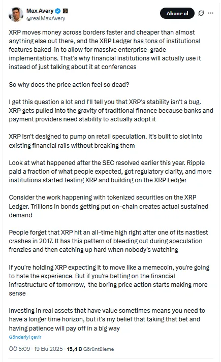 Analist yorumladı: XRP neden kurumsal istikrarın arasındaki gizli değer? 2 Max Avery'nin X Paylaşımı