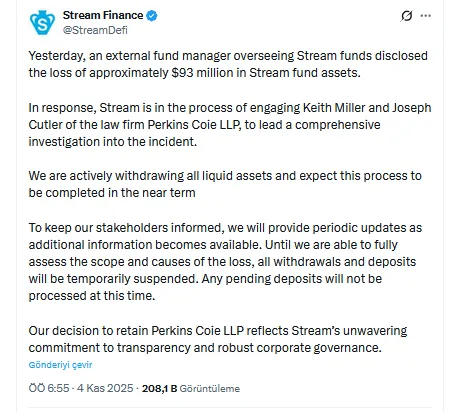 Stream Finance'in X'teki Açıklaması