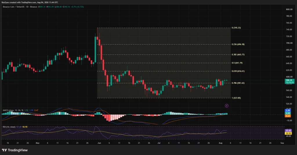BNB Fiyatı 600 Doları Zorluyor: Boğalar 605 Dolar Üzerindeki Likiditeyi Hedefliyor 3 BNB günlük fiyat grafiği